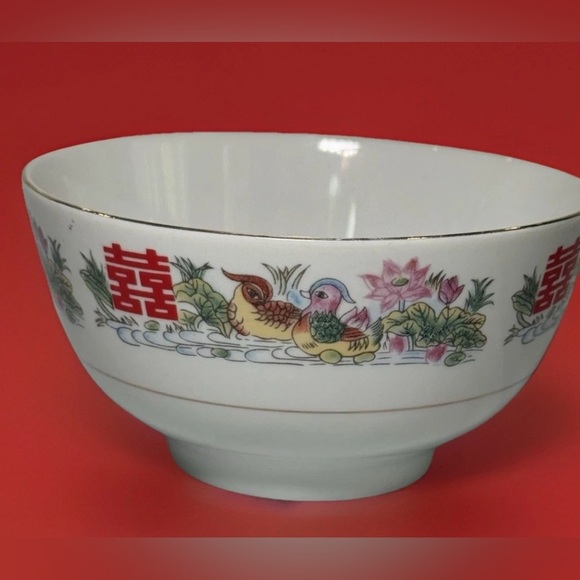 Vtg Chinese Porcelain Rice Soup Bowls Set Of 4 Birds Oriental Happiness Wedding - Picture 8 of 9